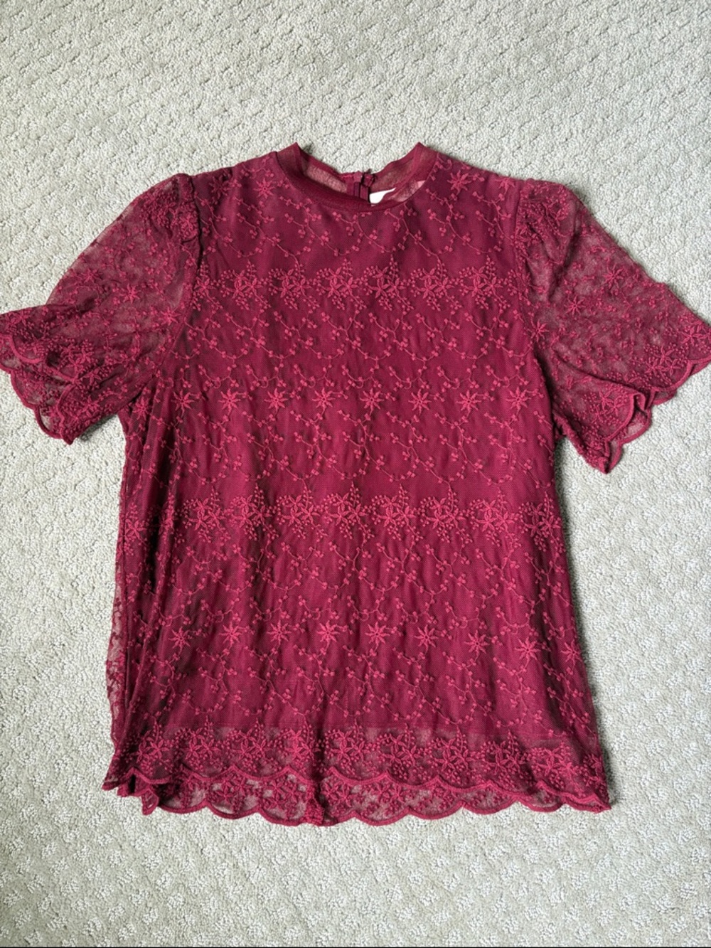 everleigh Wine Red Floral Lace Short Sleeve Blouse